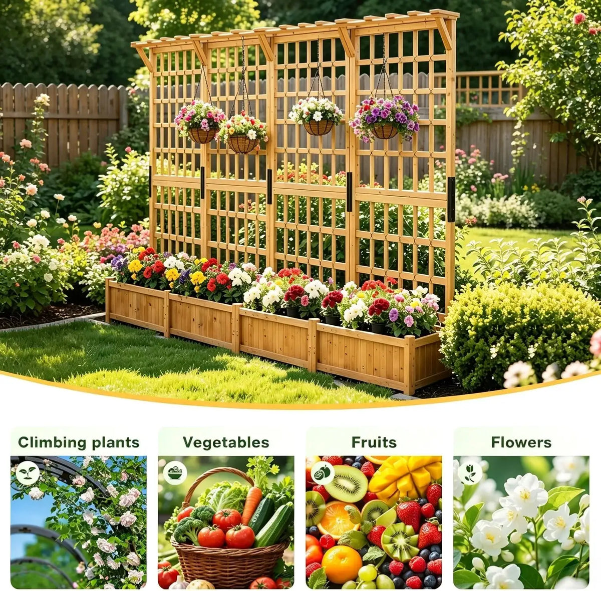 72 Inch Raised Garden Bed With Trellis Wood Planter Container With Hanging Roof And Garden Boxes For Climbing Plants Flowers Vine 2 Piece