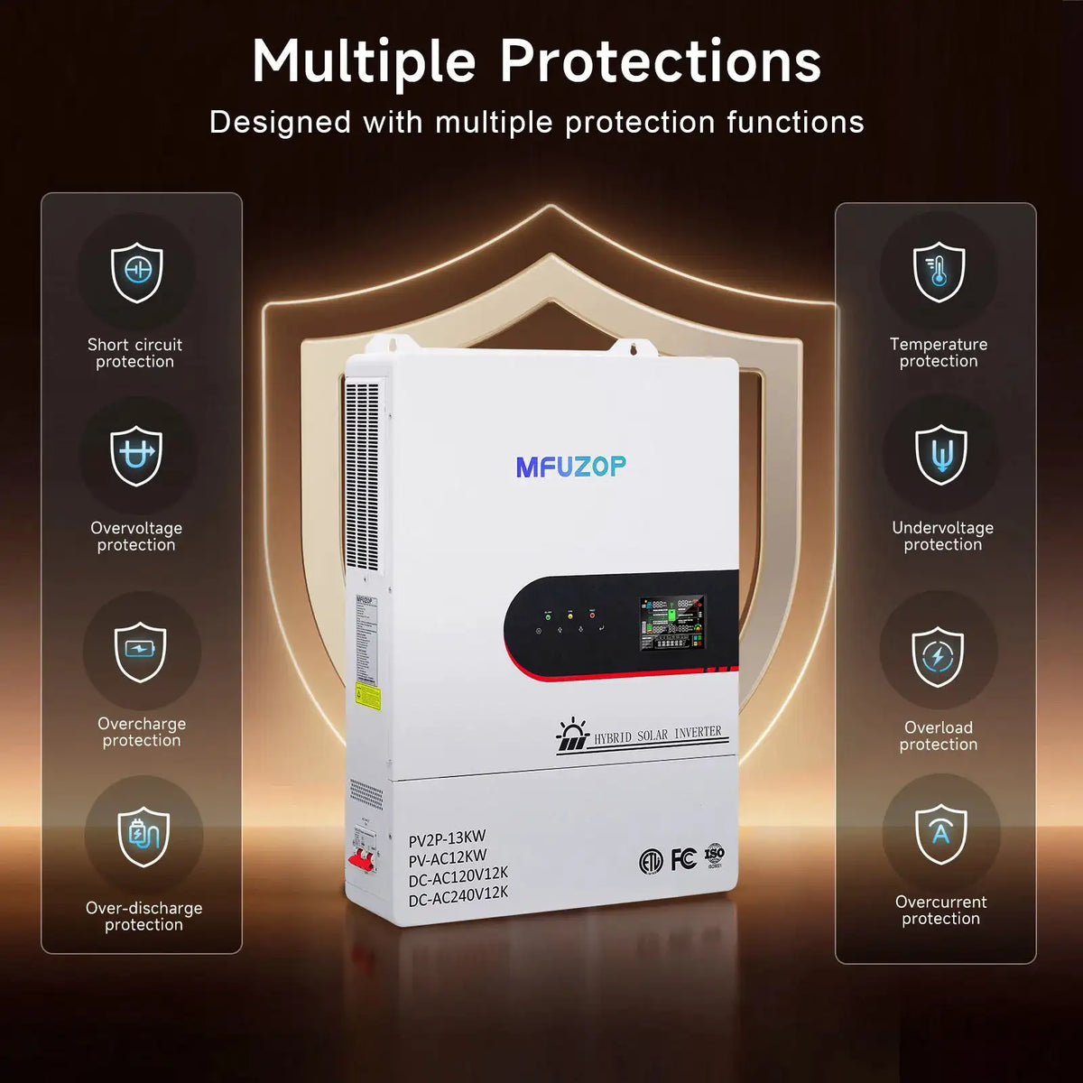 MFUZOP 48V 12000W Split Phase Hybrid Solar Inverter, 120V/240V Pure Sine Wave, Dual MPPT, 6500W X 2, RS485/RS232, Home Energy Storage & Emergency Backup, US Warehouse Fast Delivery