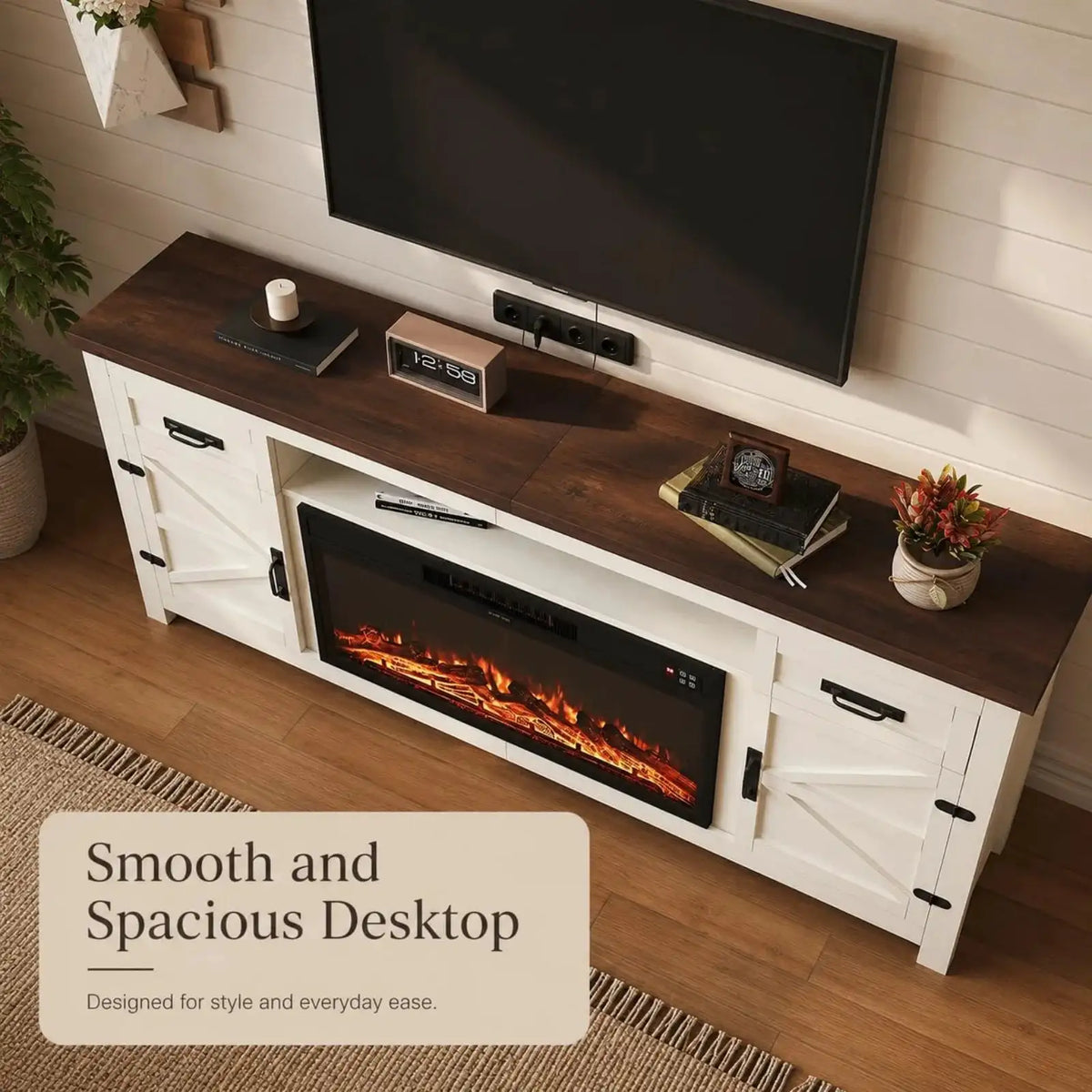 Aoxun 80 Inch Farmhouse TV Stand with Electric Fireplace and Barn Doors Media Entertainment Center with Storage Cabinets for Living Room Fits TVs up to 90 Inches White Stand with Black Fireplace