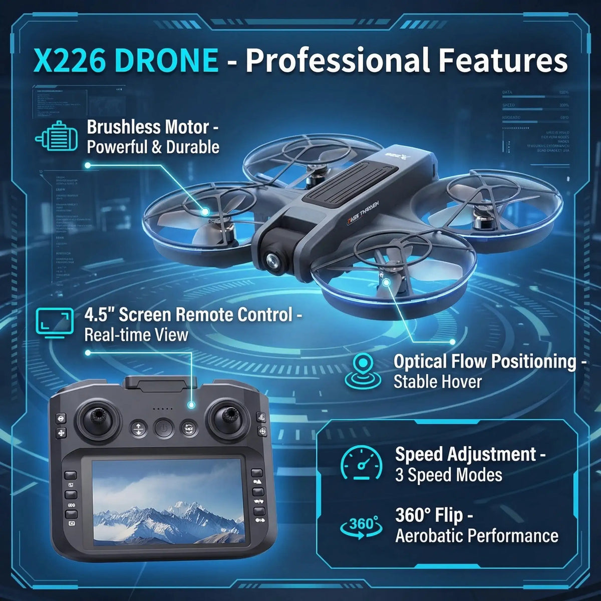 2026 New X226 Screen Remote Control Drone, Brushless Motor Optical Flow Altitude Hold,Dual Camera Switch,Headless Mode
