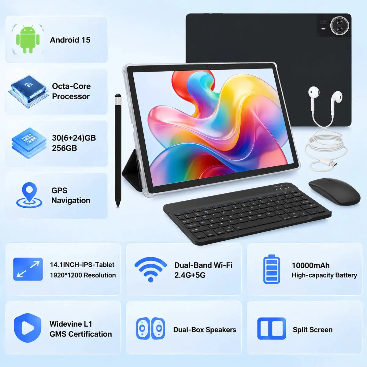 BUFO G140L 14.1 Inch Octa Core Tablet PC 30GB(6G+24G Virtual RAM) 256GB ROM Android 15 1920*1200 LCD Screen 10000mAh Battery Dual Camera Support 1TB TF Expand Type-C 2.0 Business Tablet for Office Entertainment