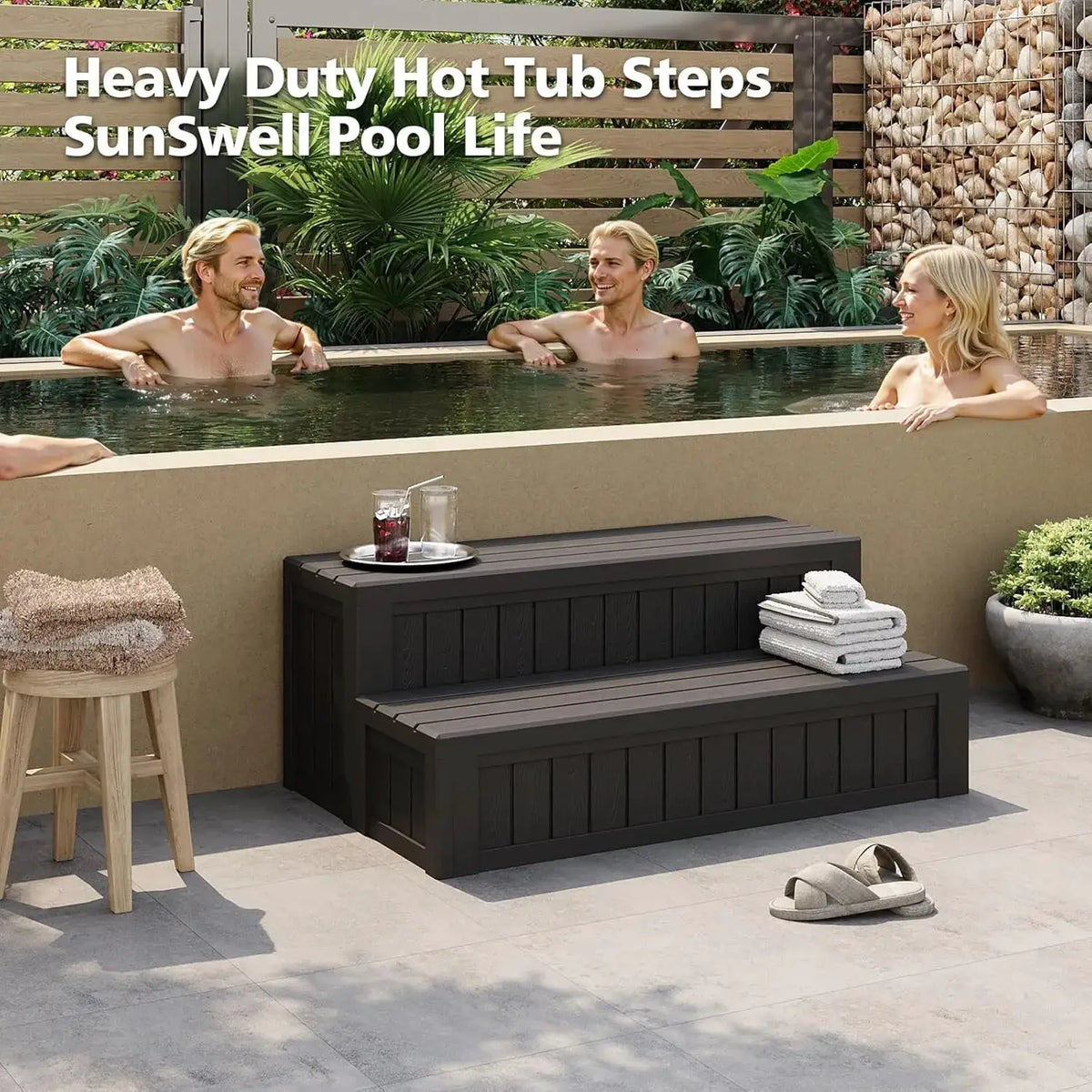 Universal Hot Tub Steps With Storage, Outdoor Spa Stairs With Storage Compartment, Non-Slip Sturdy Waterproof Heavy Duty Porch Step, Wood Looking Indoor Outdoor Use, 600LBS Weight Capacity