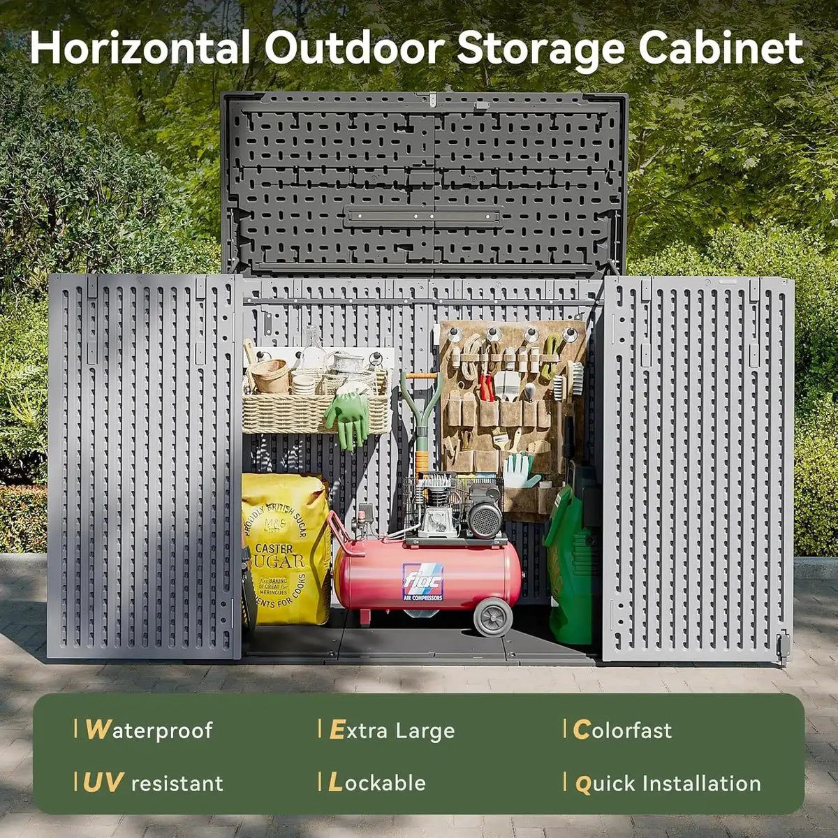 Aoxun 41 Cu Ft Garden Storage Box 5x2ft Waterproof Horizontal Resin Shed Outdoor Storage For Garbage Bin Generators Yard Gear Grey