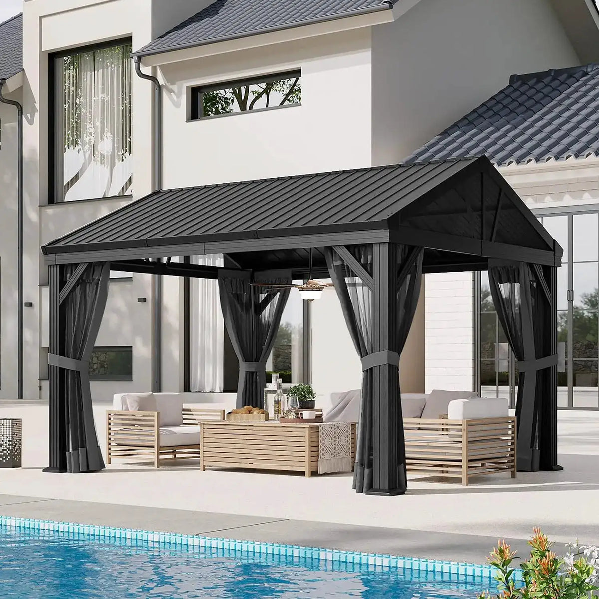Aoxun 10x12FT Hardtop Gazebo Heavy Duty Metal Pergola Permanent Outdoor Pavilion with Galvanized Steel Roof and Mosquito Netting for Patio Backyard Garden