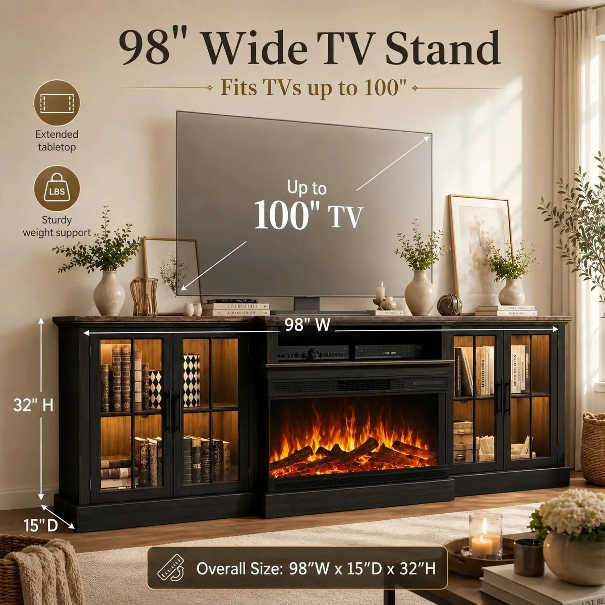 Aoxun 98" Farmhouse TV Stand with 36" Fireplace, Entertainment Center with Adjustable Shelves and Large Storage Cabinets for Living Room, TVs up to 100", Gray White Black