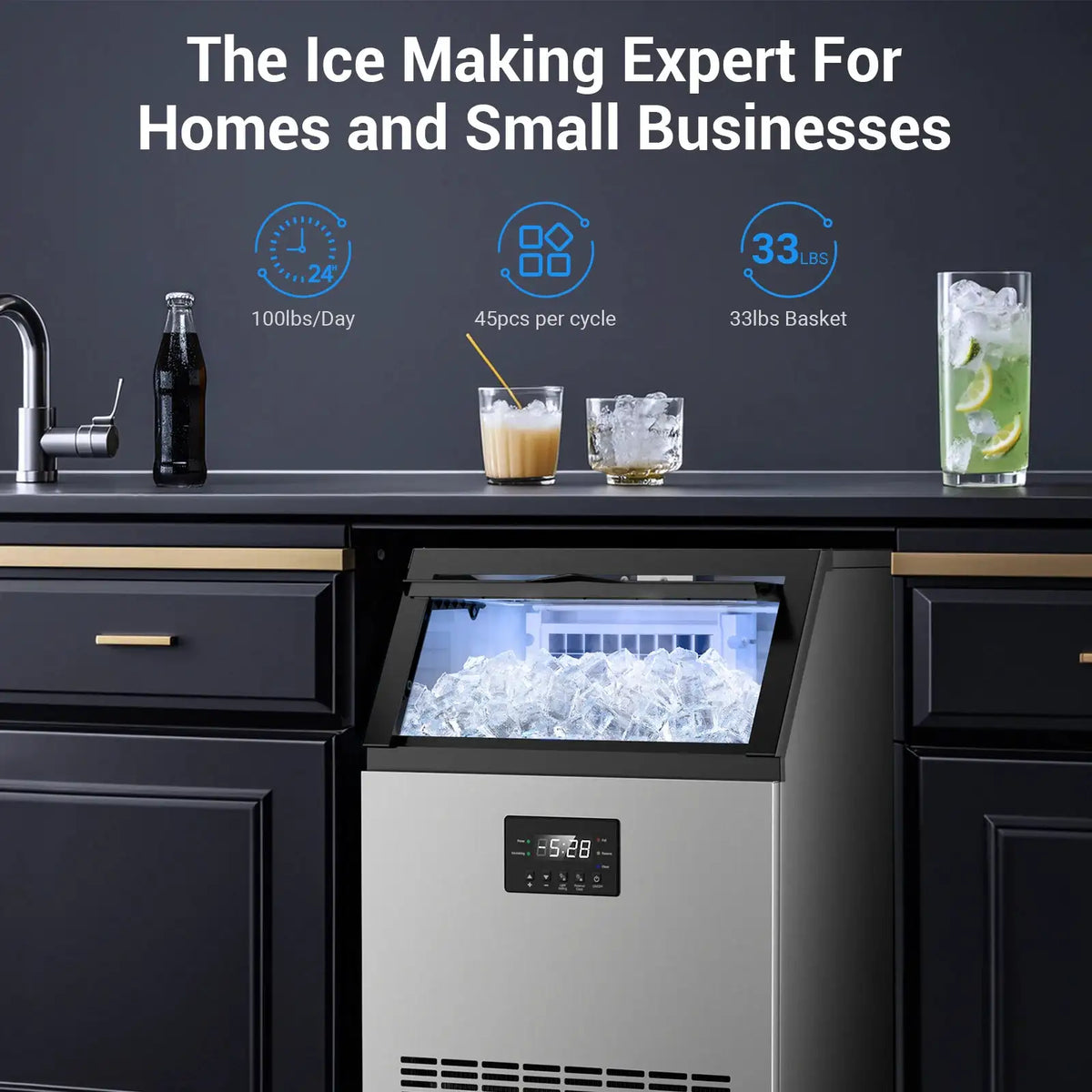 Commercial Ice Maker Machine Stainless Steel Under Counter Ice Maker with 34LBS Ice Bin Freestanding Ice Machine for Home Cafe