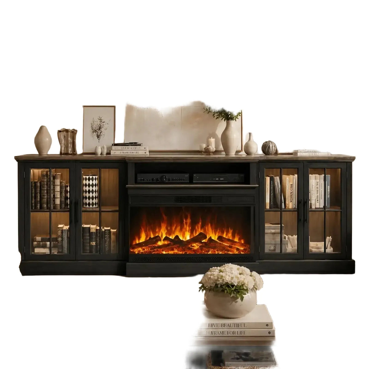 Aoxun 98" Farmhouse TV Stand with 36" Fireplace, Entertainment Center with Adjustable Shelves and Large Storage Cabinets for Living Room, TVs up to 100", Gray White Black
