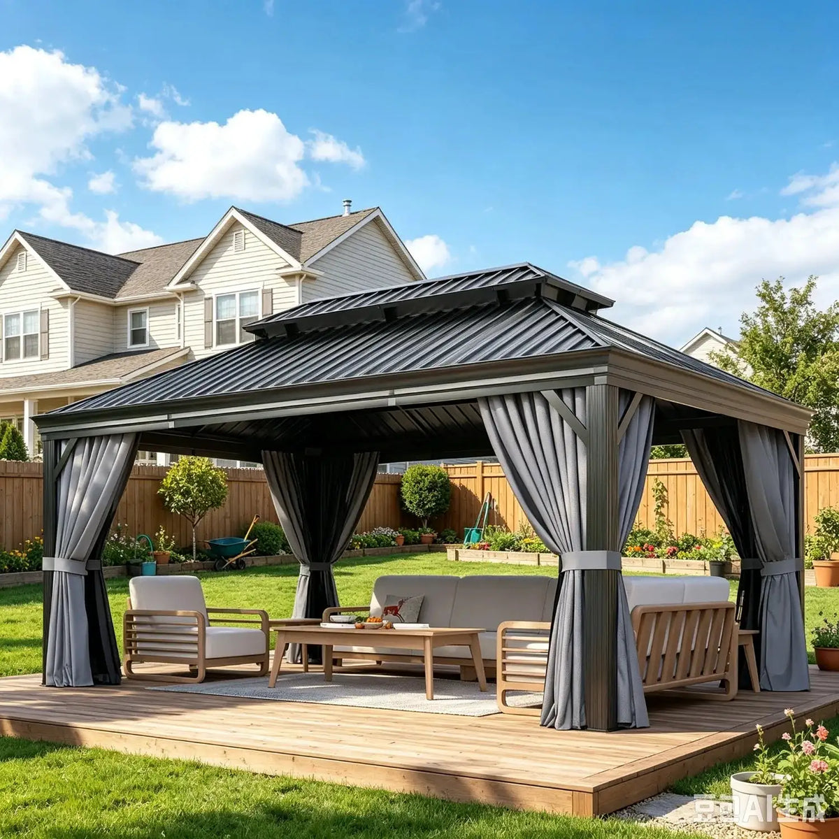 Nordivale 16x12FT Heavy Duty Outdoor Gazebo Hardtop with Gutter Drainage System Double Layer Galvanized Steel Roof Aluminum Frame with Curtains and Netting for Backyard Patio