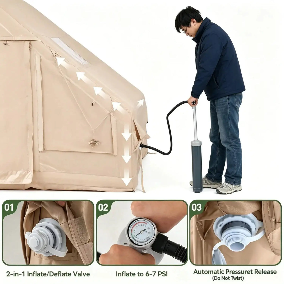 4/6/8 Person Inflatable Tent Blow Up Camping Tent With Skylight And Stove Jack Waterproof 420D Oxford Air Tent With Hand Pump Family Hot Tent Instant Setup