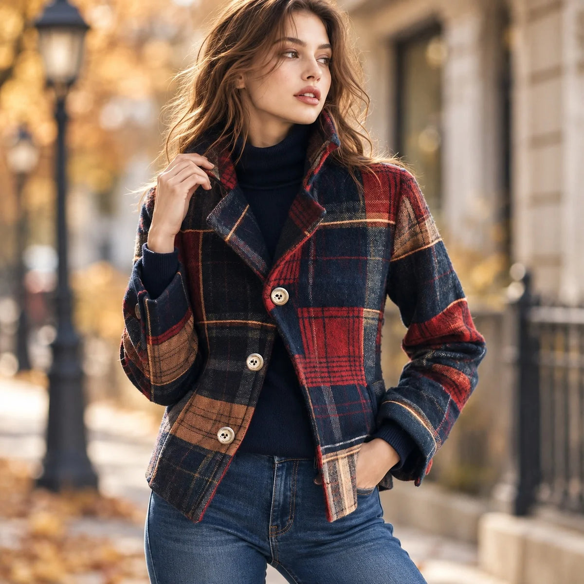 Plaid Stand Collar Button Coat