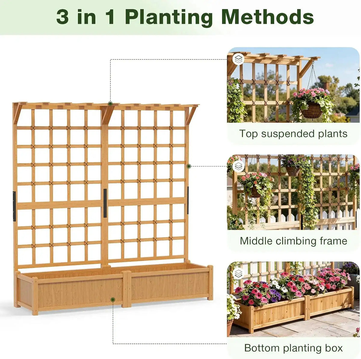 72 Inch Raised Garden Bed With Trellis Wood Planter Container With Hanging Roof And Garden Boxes For Climbing Plants Flowers Vine 2 Piece