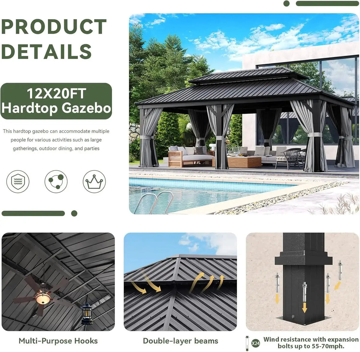Aoxun 12x20ft Hardtop Pavilion Aluminum Outdoor Pavilion With Drainage System Permanent Metal Pavilion With Privacy Curtains And Nets For Poolside And Backyard Use