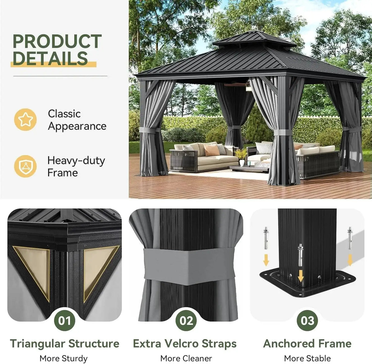 Nordivale 12x12FT Outdoor Gazebo Hardtop with Gutter Drainage System Double Layer Galvanized Steel Roof Aluminum Frame with Curtains and Netting for Patio Backyard Deck