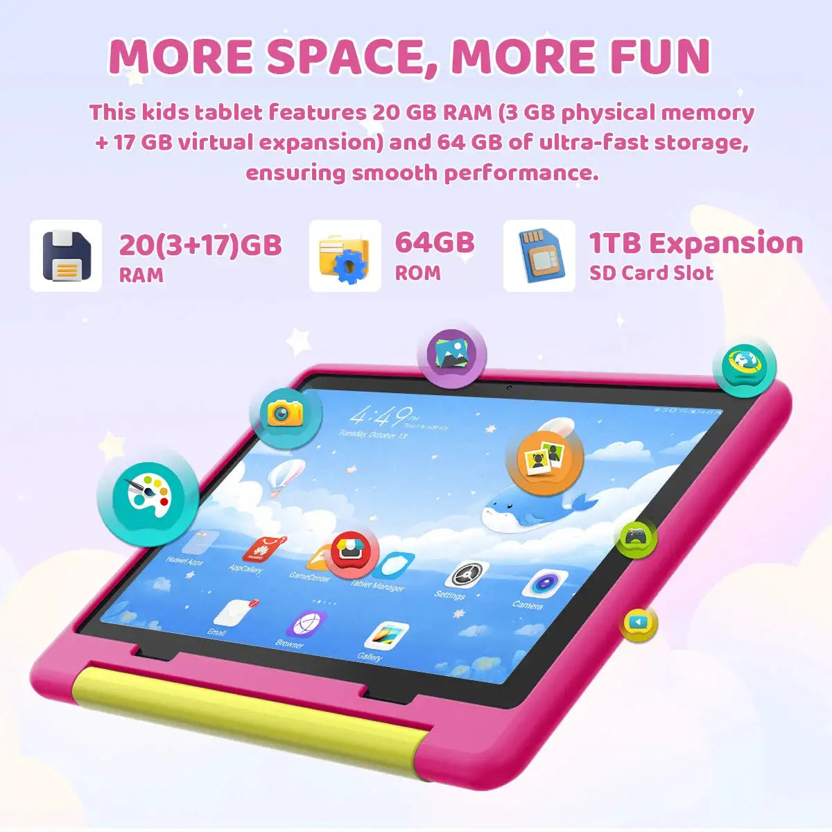 BUFO KT1028 10.1 Inch Kids Tablet A333 Five Core 20GB(3+17G) RAM 64GB ROM Android 16 1280*800 HD LCD Eye Protection Screen 5000mAh Battery Parental Control Dual Camera TF Card Up to 1TB Children Tablet PC