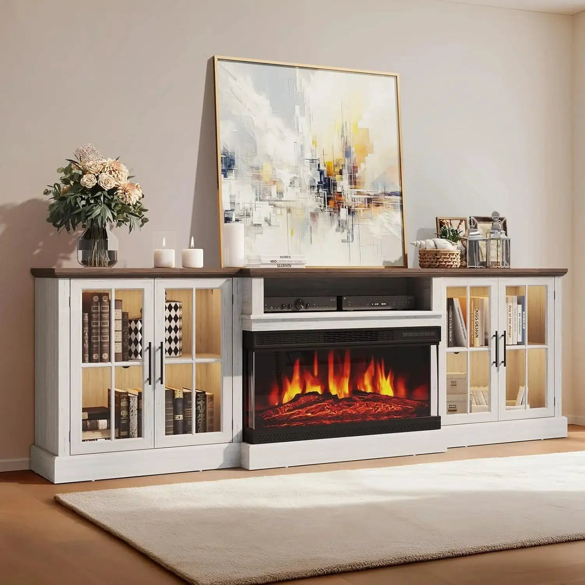 Aoxun 98" Farmhouse TV Stand with 36" Fireplace, Entertainment Center with Adjustable Shelves and Large Storage Cabinets for Living Room, TVs up to 100", Gray White Black