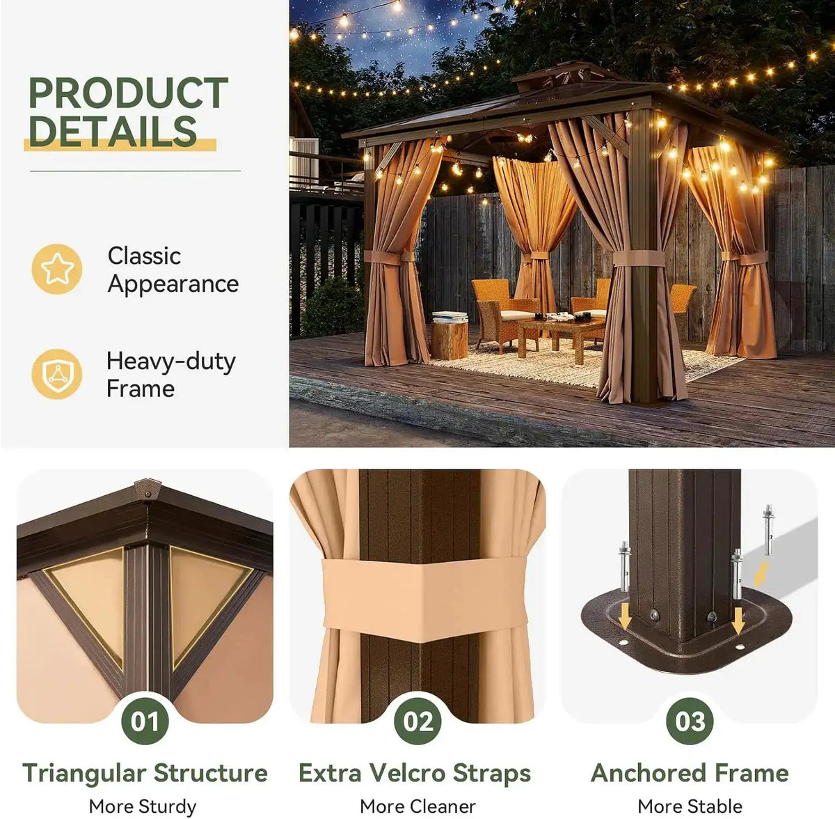 Aoxun 8x8ft Hardtop Pavilion Permanent Metal Frame With Curtains And Nets Outdoor Polycarbonate Double Roof Awning For Gardens Lawns Terraces Brown