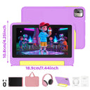 KT1018L Kids Tablet Bundle Complete Gift Set 7 Inch Small Portable Children Tablet Quad Core 8GB(2+6) RAM 64GB ROM Android13 2500mAh Battery Parental Control Lavender Blue Toddler Learning Tablet With Headphone & Storage Bag