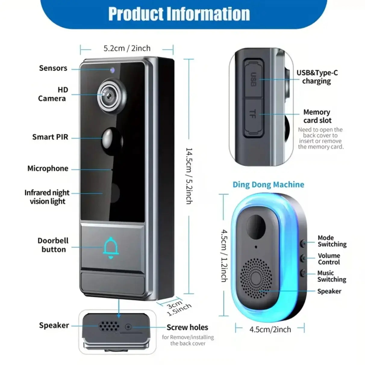 Wireless Smart Video Doorbell, 960P HD Video Doorbell Camera, Home Security WiFi Doorbell Camera, PIR Motion Doorbell,3600mAh by stepyours.com