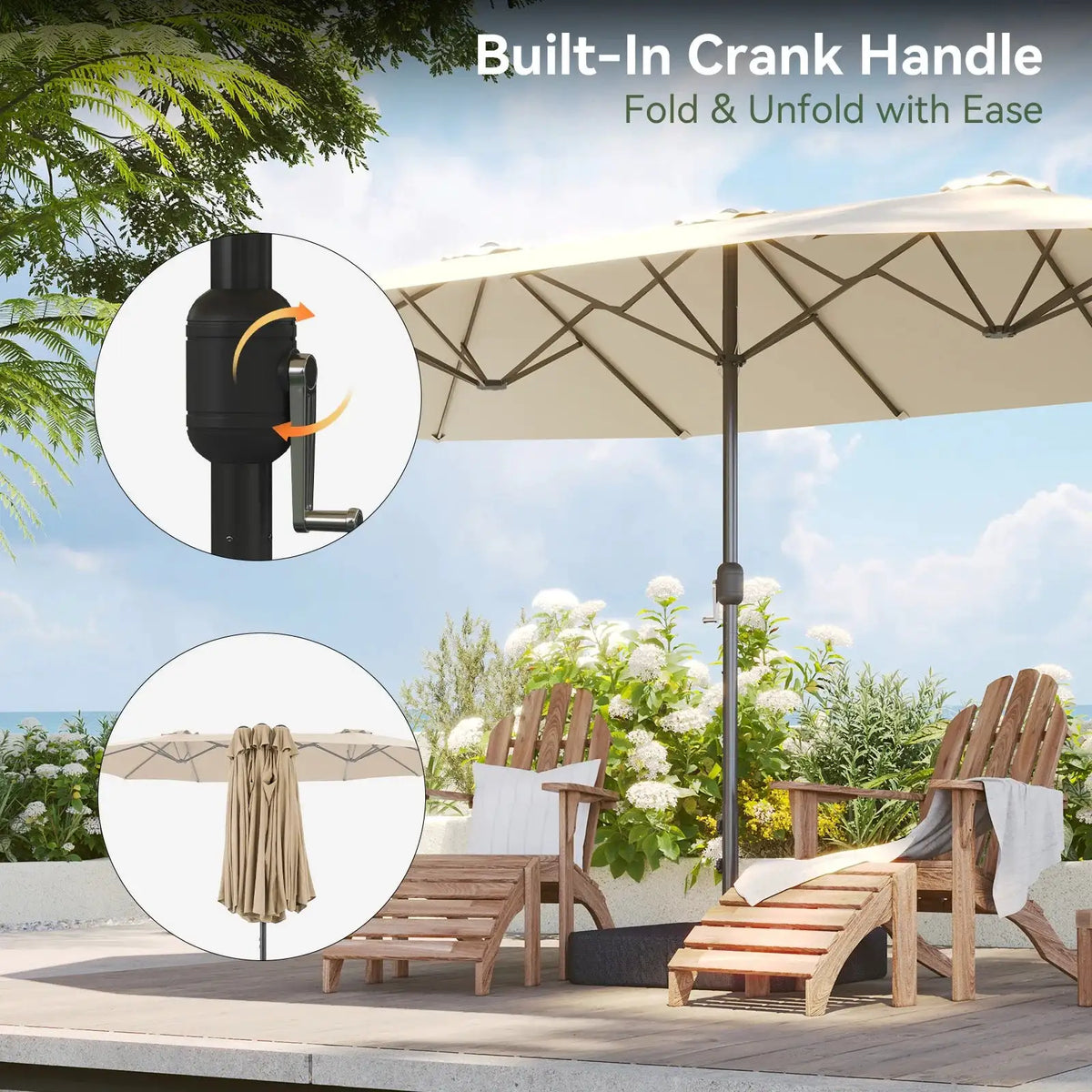 Nordivale 15ft Double-Sided Rectangular Patio Umbrella Beige Crank Handle Vented Canopy Large Outdoor Parasol with Base for Pool Deck Garden
