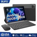 10.1 Inch Octa Core Tablet Bundle Android 15 Tablet 30GB(6+24) RAM 128GB ROM 1280*800 HD Screen 6200mAh Battery Keyboard Mouse Case Stylus Included Black Business Learning Tablet PC