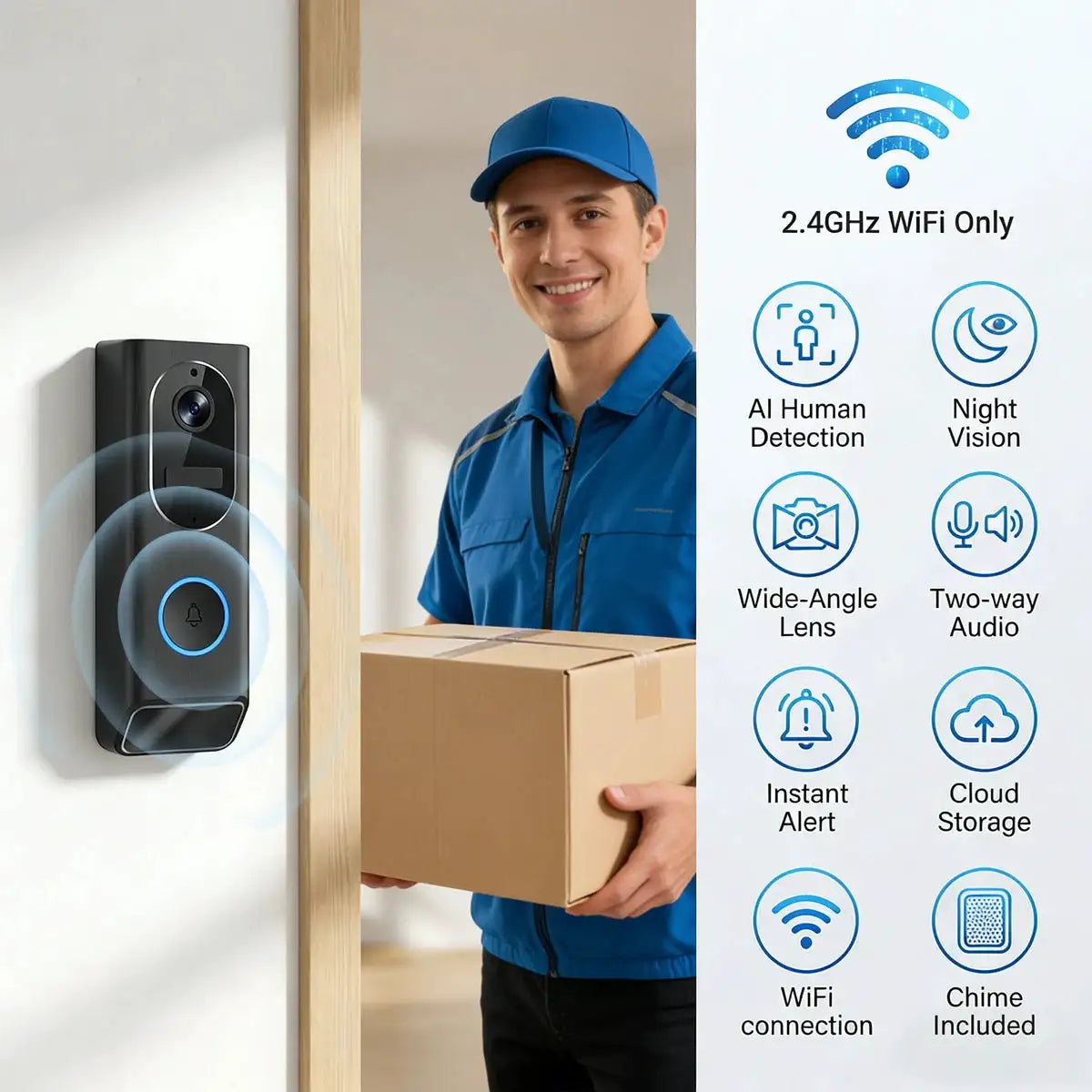 S7 Smart Video Doorbell Camera, 2.4GHz WiFi, AI Human Detection, Night Vision, Wide Angle Lens, Two-Way Audio, Cloud Storage, Indoor Chime Included