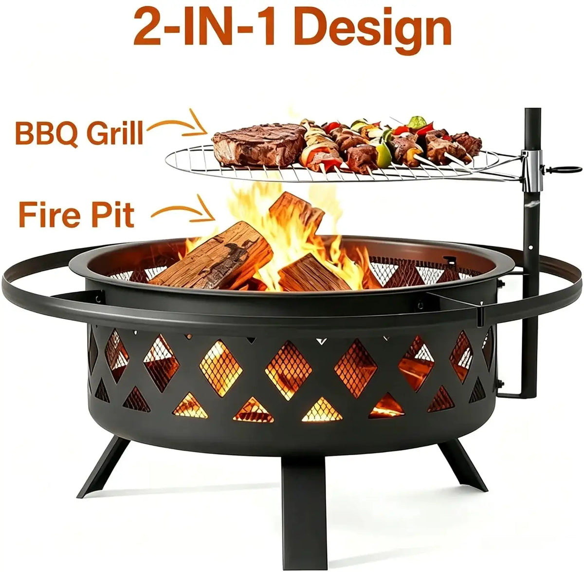 Outdoor Fire Pit With Grill Steel Fire Bowl For BBQ Camping Picnic Garden Patio Heater Charcoal Log Wood Burner For Outside Patio Backyard Camping