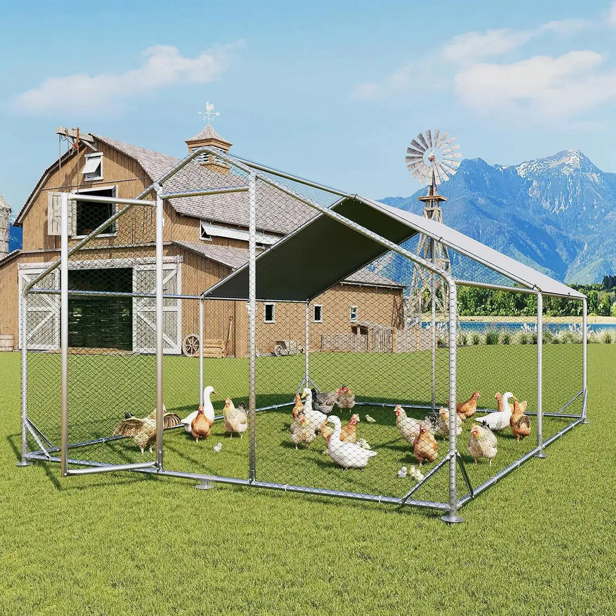 Nordivale10X13ft Metal Chicken Coop With Cover Outdoor Chicken Run Enclosure Spire Roof Hen House Walk In Cage Peak Poultry Coop For Yard Farm