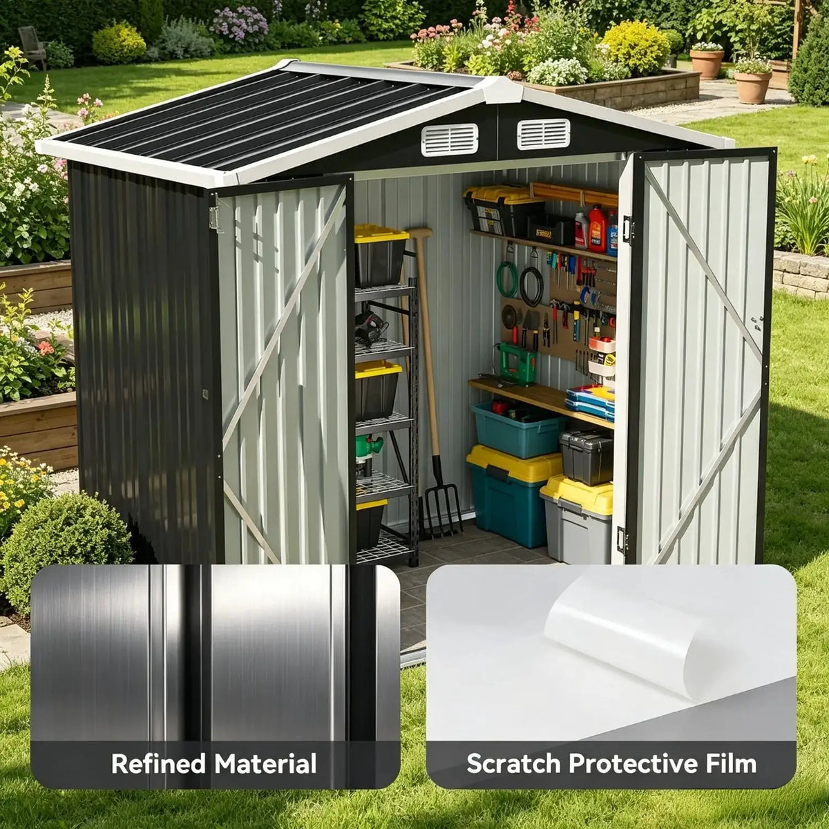 6x4ft Outdoor Storage Shed Black Metal Shed With Lockable Doors And Sloping Roof Garden Tool Shed For Backyard Patio Poolside
