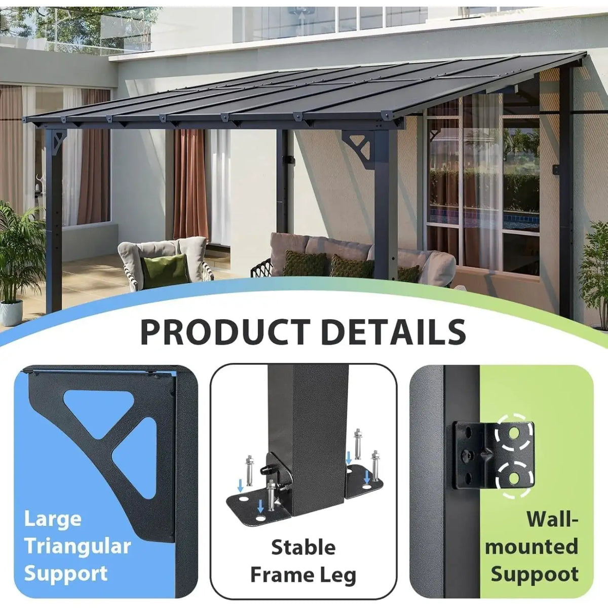 Nordivale 12x10FT Premium Wall Mounted Gazebo Aluminum Frame Polycarbonate Panel Outdoor Patio Lean To Pergola Awning Sloped Roof Backyard Porch Deck Black