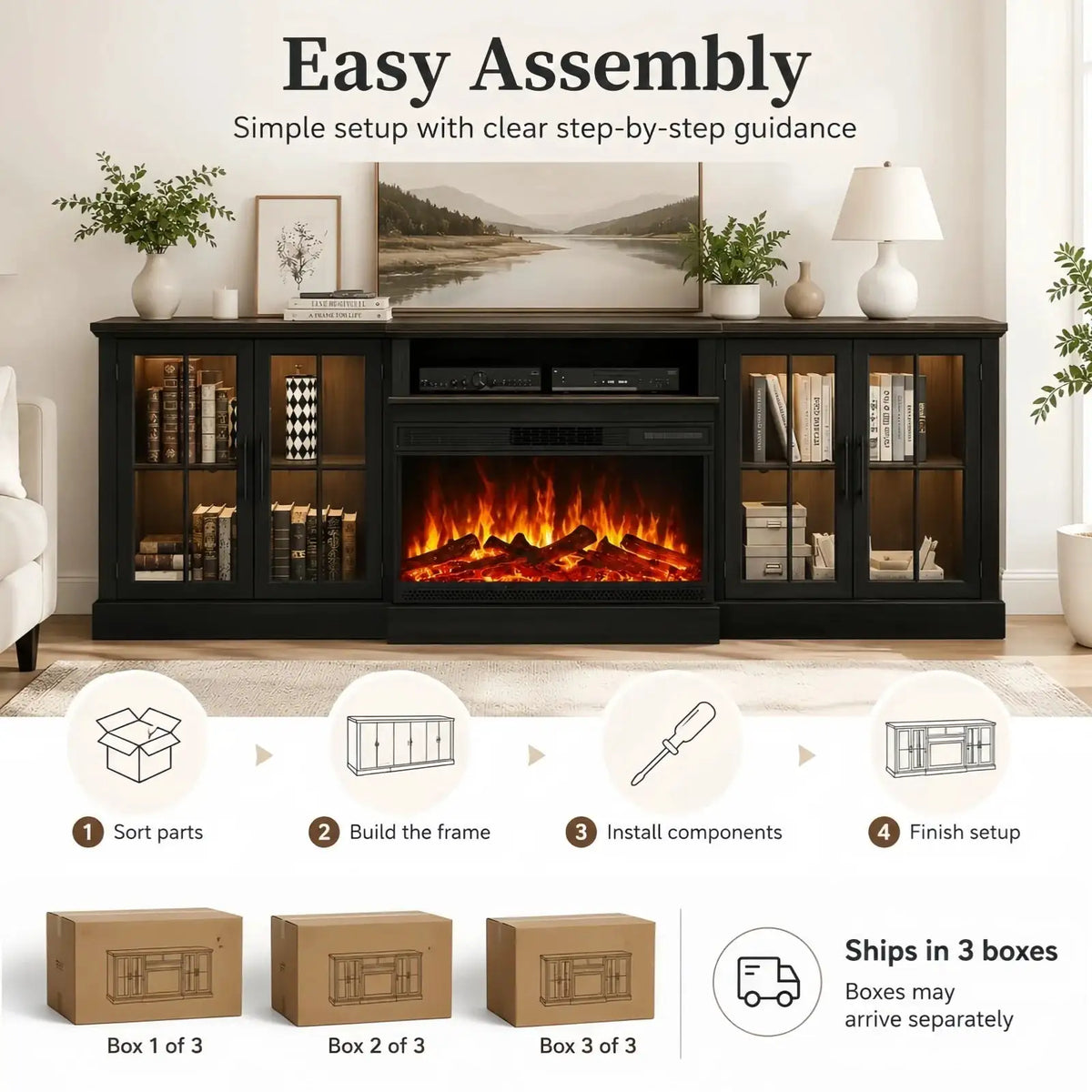 Aoxun 98" Farmhouse TV Stand with 36" Fireplace, Entertainment Center with Adjustable Shelves and Large Storage Cabinets for Living Room, TVs up to 100", Gray White Black