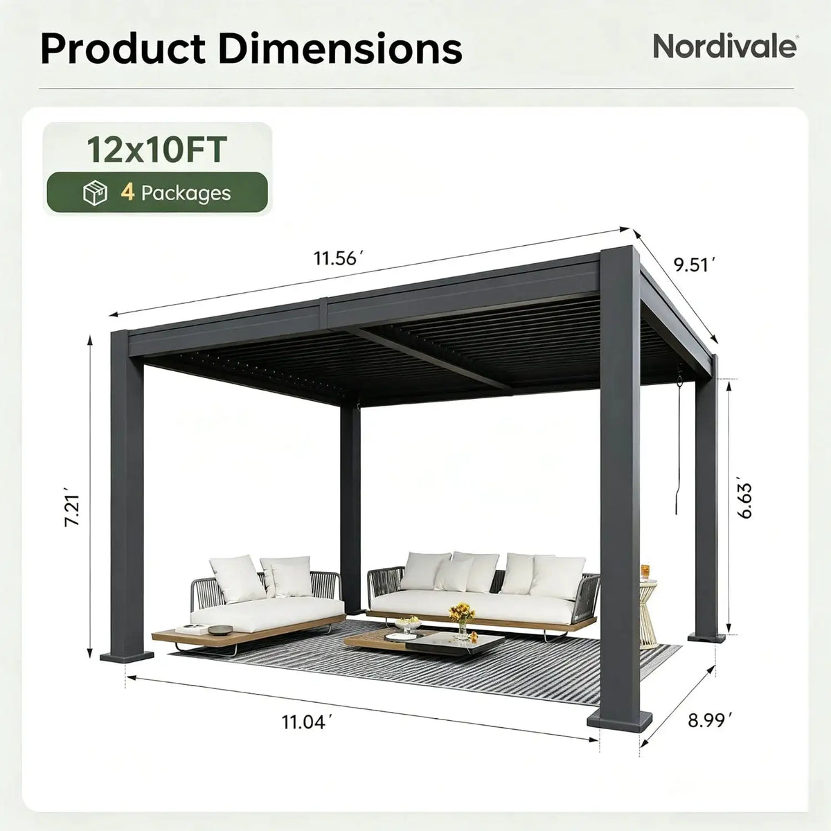 Nordivale 12X10ft Louvered Pergola All Aluminum Outdoor Gazebo With Adjustable Roofs Waterproof Curtains Netting Integrated Drainage System For Patios Poolside