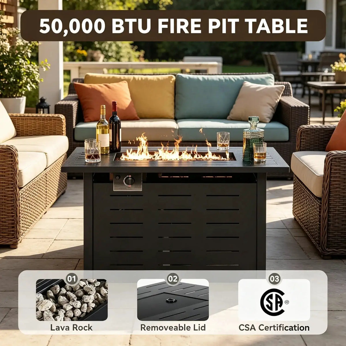 Outdoor Propane Fire Pit 50000 BTU Gas Fire Pit Table With Lava Rocks Patio Heater Rectangle Fire Table With Removable Lid And Waterproof Cover For Deck Backyard Garden Black