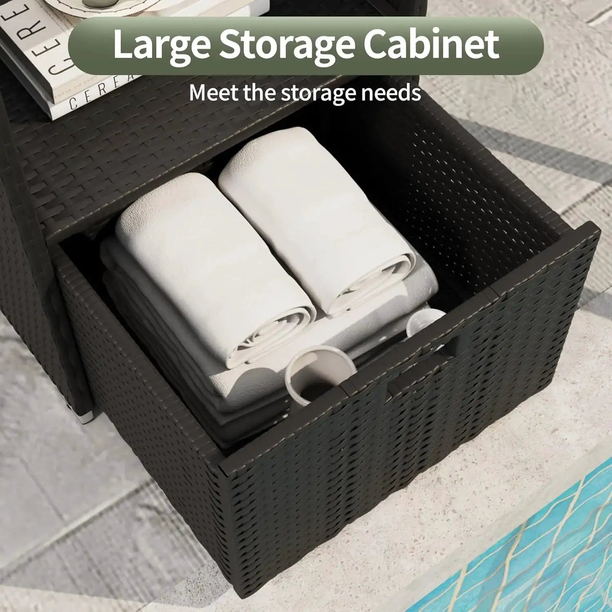 Aoxun Outdoor Towel Cabinet Pool Accessory Storage Organizer Freestanding Waterproof PE Rattan Wicker Shelf 2 Layer with 1 Bottom Drawer for Pool Patio Indoor Black