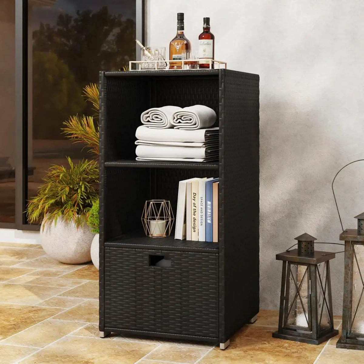 Aoxun Outdoor Towel Cabinet Pool Accessory Storage Organizer Freestanding Waterproof PE Rattan Wicker Shelf 2 Layer with 1 Bottom Drawer for Pool Patio Indoor Black