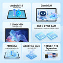 10.95‑Inch Slim Android16 Tablet with Gemini AI,30GB(3+27GB Virtual)RAM 128GB ROM 1TB Expandable, Widevine L1 1920*1200 Display,7800mAh Long Standby Battery,5MP+8MP Dual Cameras Five‑Core Tablet for Streaming Work Study G