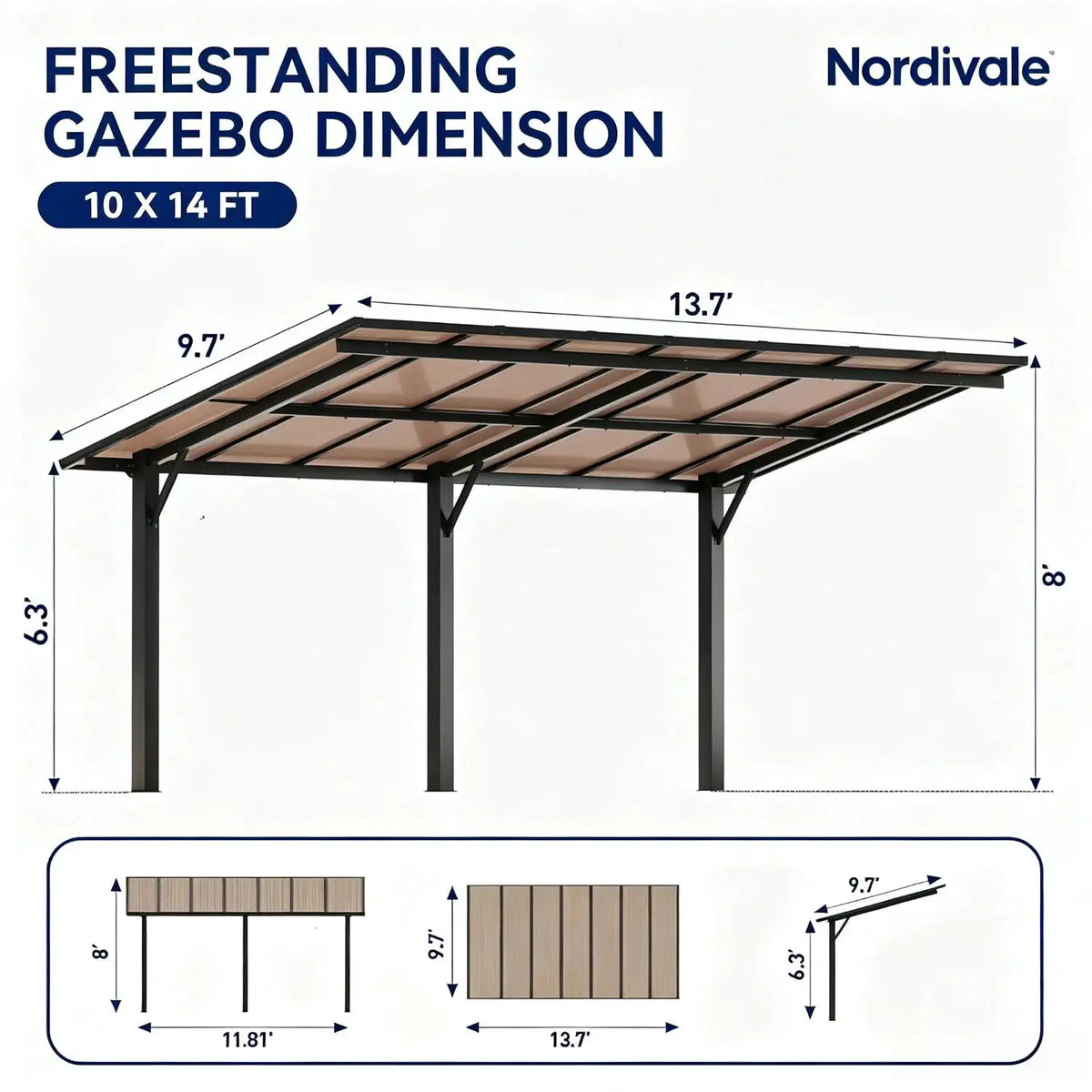 Nordivale 14x10FT Hardtop Gazebo Heavy Duty Metal Pergola with Roof Freestanding Carport for Patio Backyard 4.72 Inch Thick Support Posts Black