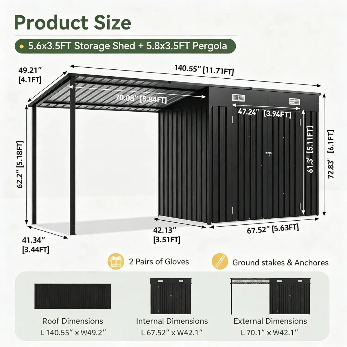 12x4ft Lean To Shed And Hardtop Gazebo Black 6x3.5ft Metal Storage Shed With Pergola 2 In 1 Garden Tool Shed For Patio Backyard Deck