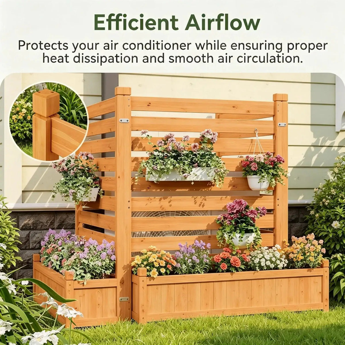 3 Panel Wood Privacy Screen With Planter Box 34x45 Inch Air Conditioner Fence For Trash Can Pool Patio And Backyard Decor No Dig Kit