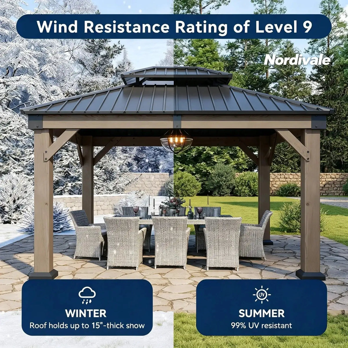 Nordivale Hardtop Cedar Wood Gazebo 10x12Ft Galvanized Steel Double Roof Permanent Pavilion for Outdoor Patio Deck