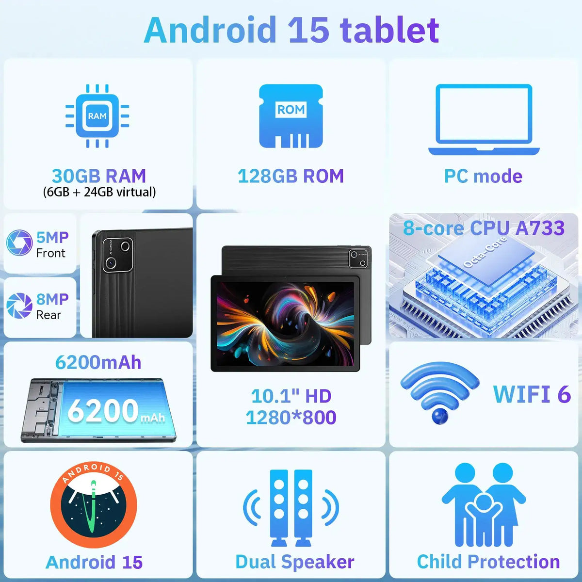 10.1 Inch Octa Core Tablet Bundle Android 15 Tablet 30GB(6+24) RAM 128GB ROM 1280*800 HD Screen 6200mAh Battery Keyboard Mouse Case Stylus Included Black Business Learning Tablet PC