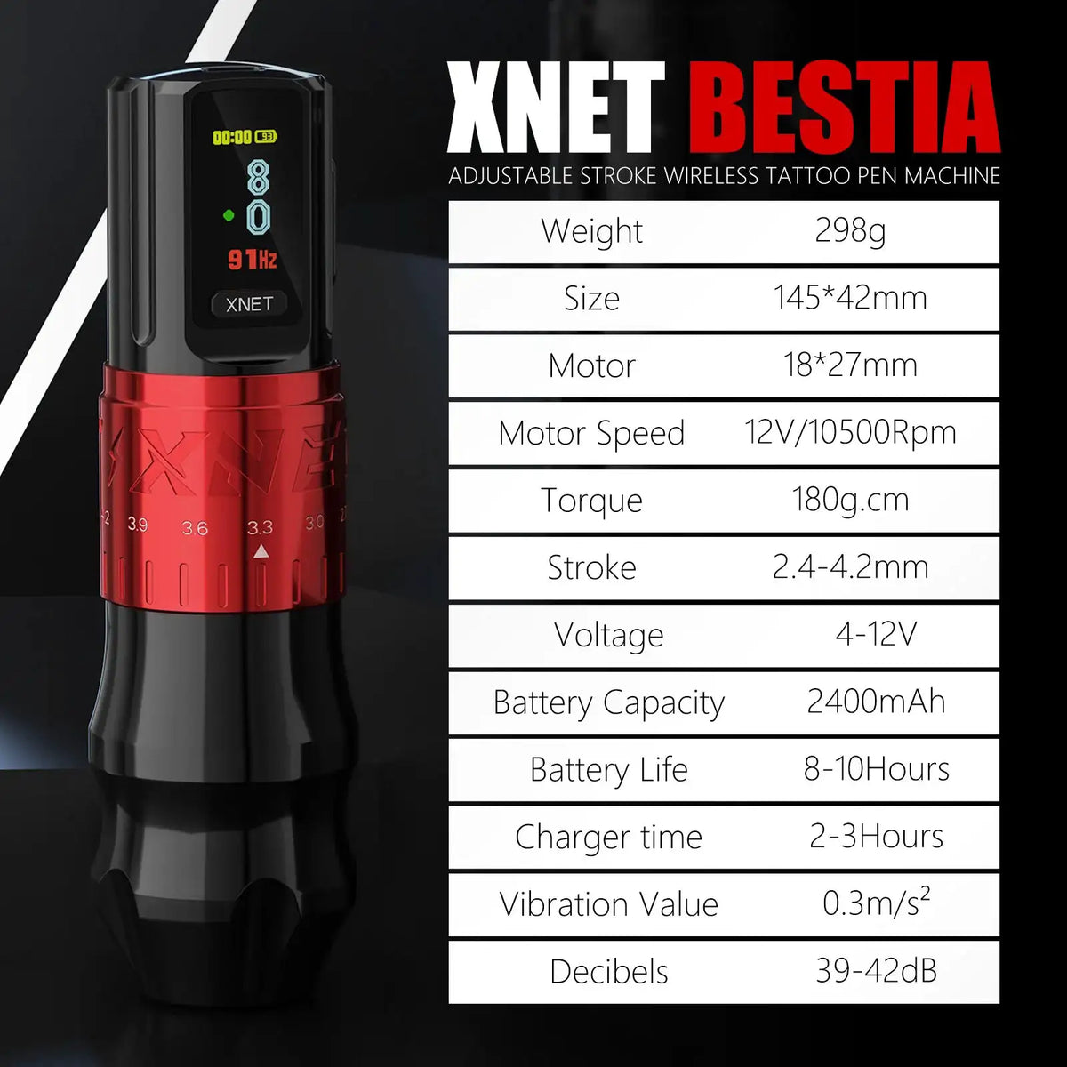 XNET Bestia Professional Wireless Tattoo Machine Pen Adjustable Stroke 2.4-4.2 OLED Display 2400mAh Battery For Tattooartist
