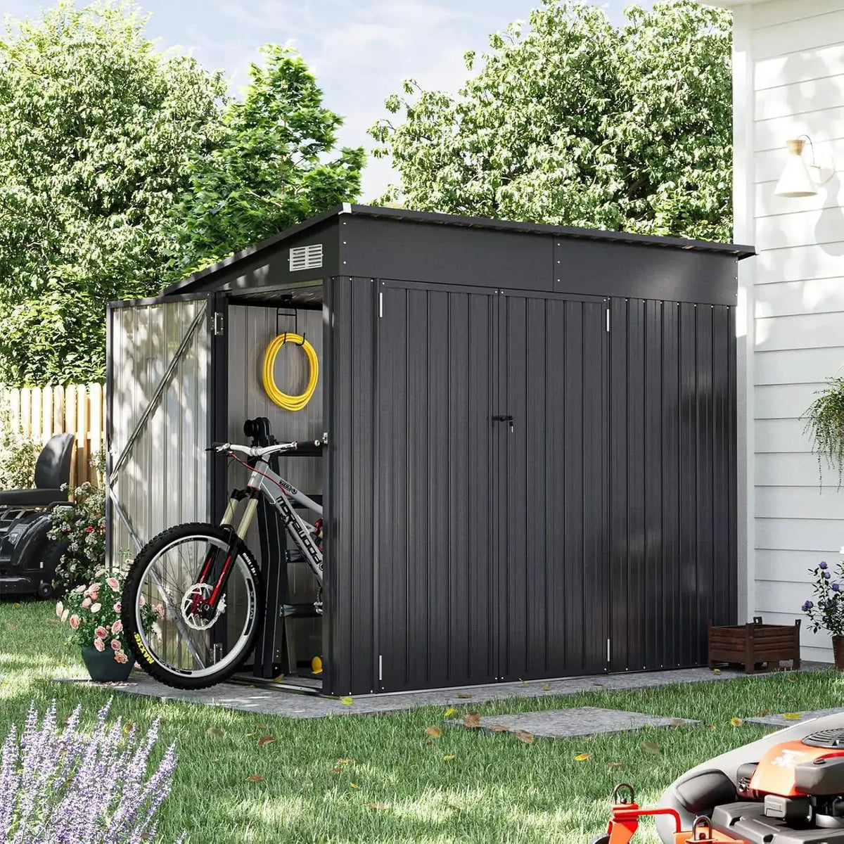 4x8ft Outdoor Storage Shed With Triple Lockable Door Metal Storage Cabinet With Sloping Roof For Tools Bicycles Storage For Garden Patio Courtyard