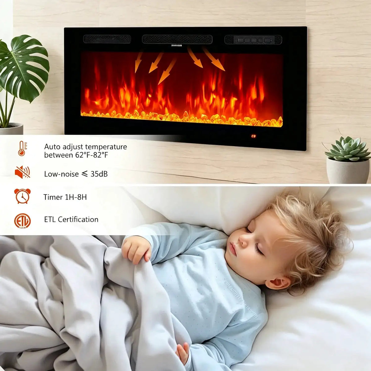 36 Inch Electric Fireplace LED Heater 12 Flame Settings Realistic 12 Color Flame Adjustable Timer Touch Screen Remote Control Crystal Stone 750 1500W