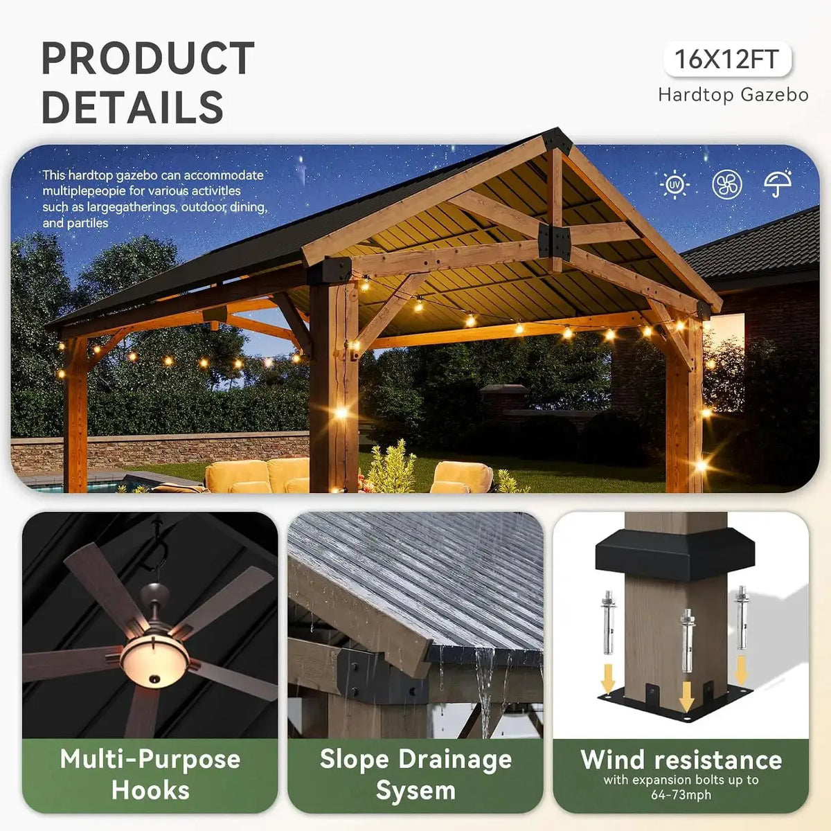 Aoxun 30.48x40.64cm Cedar Wood Pavilion Galvanized Steel Hardtop Gable Permanent Outdoor Structure For Garden Backyard Deck Lawn
