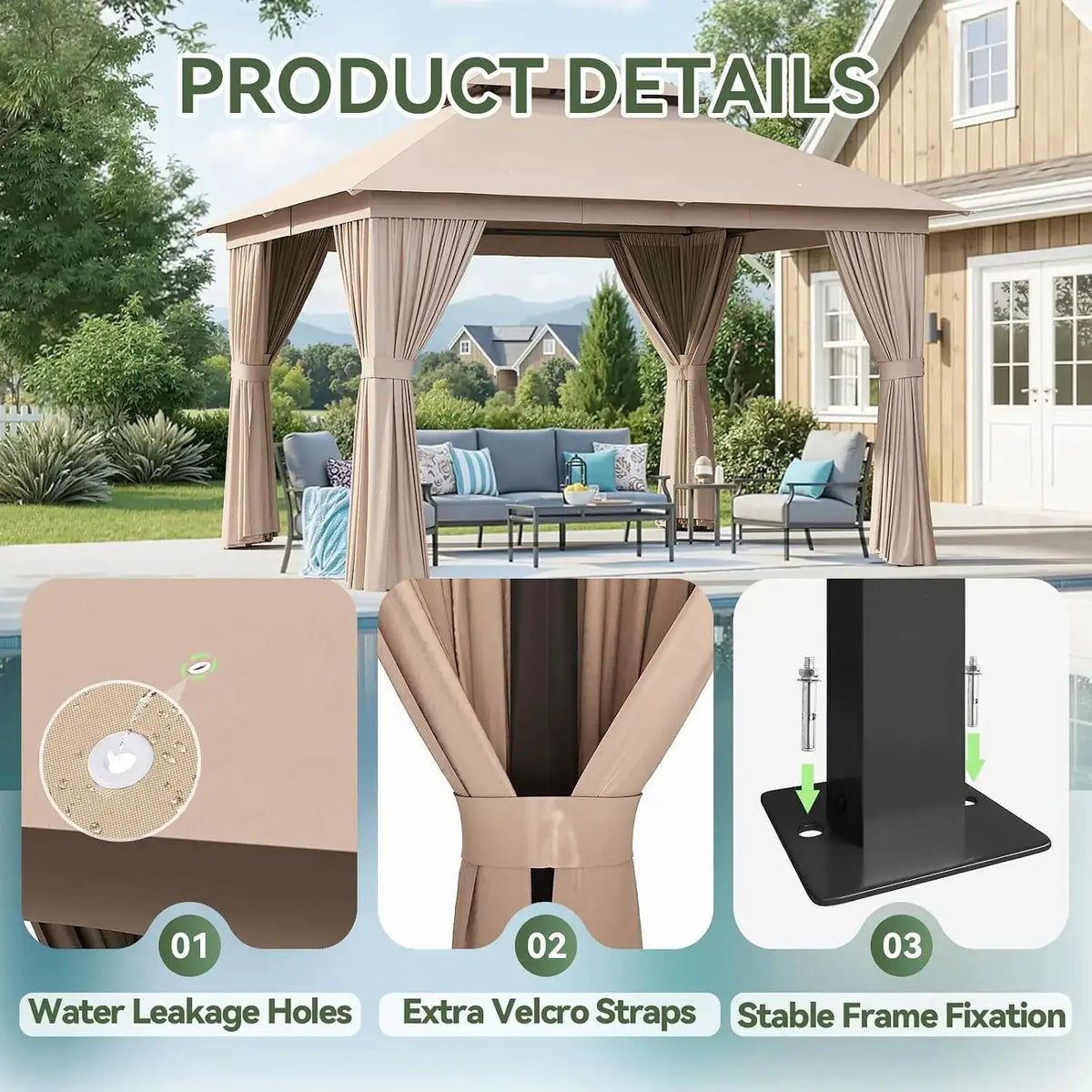 Aoxun 12x10 Heavy Duty Gazebo with Curtain and Mosquito Netting Double Roof Patio Tent Zipper Screen Backyard Garden Lawn Shelter Beige