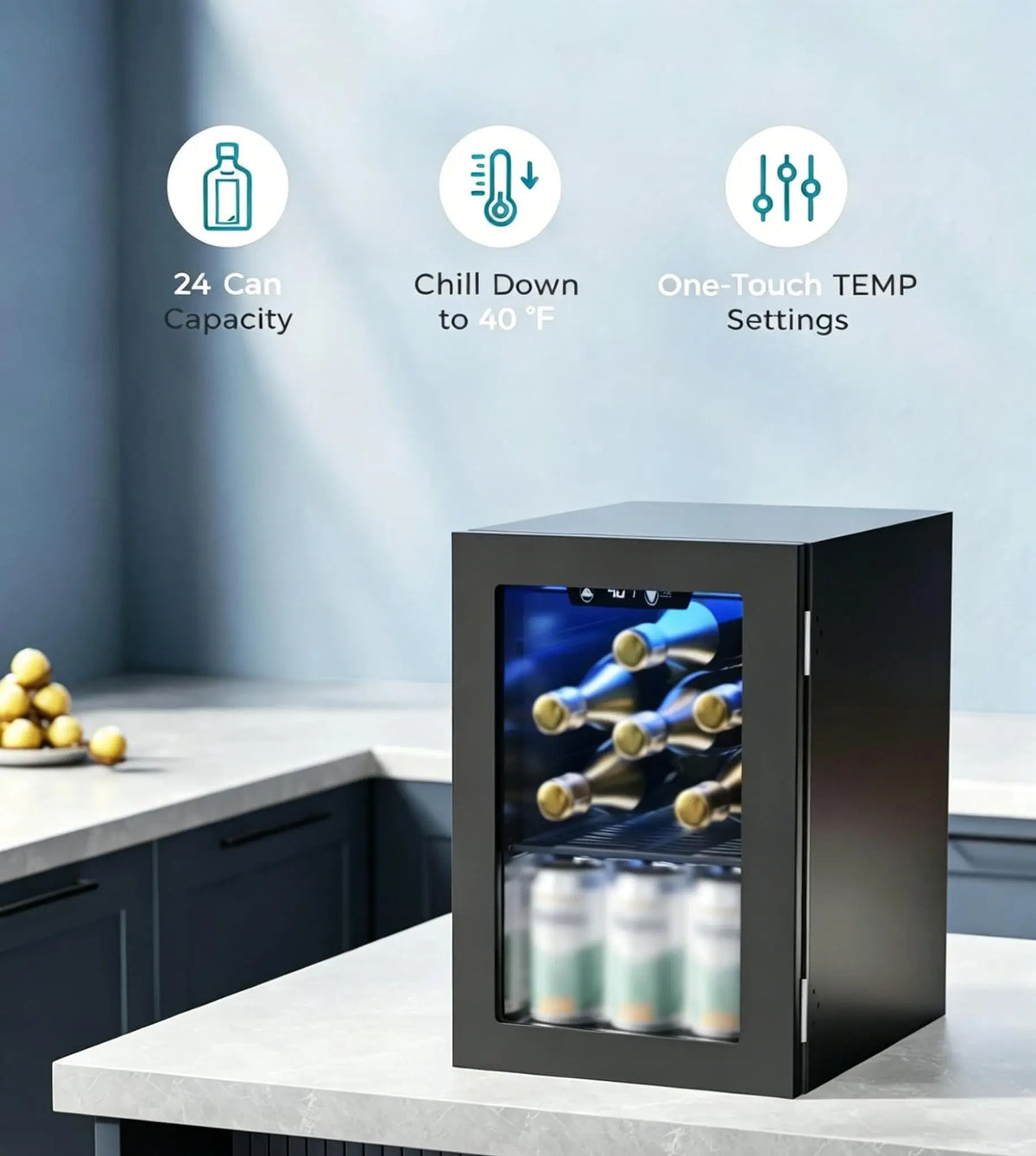 EKOJUCE Mini Fridge with Glass Door | Countertop Beverage Cooler — product view 6