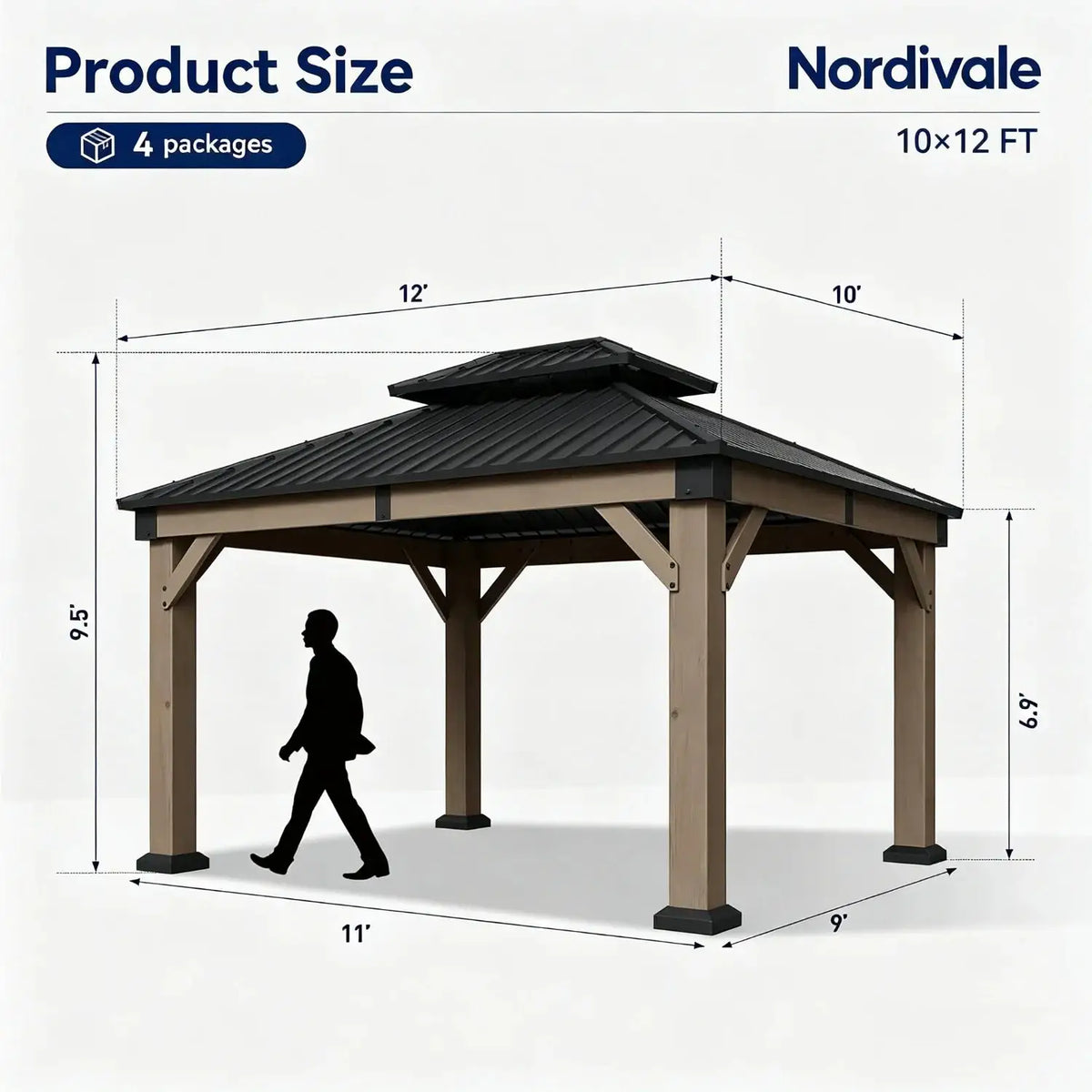 Nordivale Hardtop Cedar Wood Gazebo 10x12Ft Galvanized Steel Double Roof Permanent Pavilion for Outdoor Patio Deck