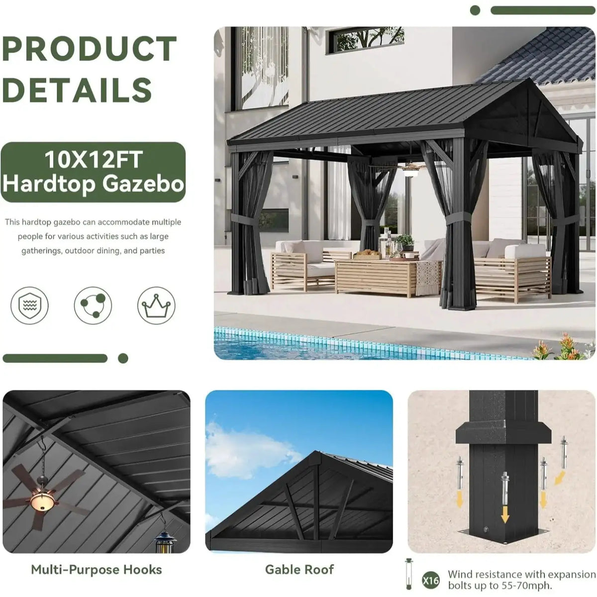 Aoxun 10x12FT Hardtop Gazebo Heavy Duty Metal Pergola Permanent Outdoor Pavilion with Galvanized Steel Roof and Mosquito Netting for Patio Backyard Garden