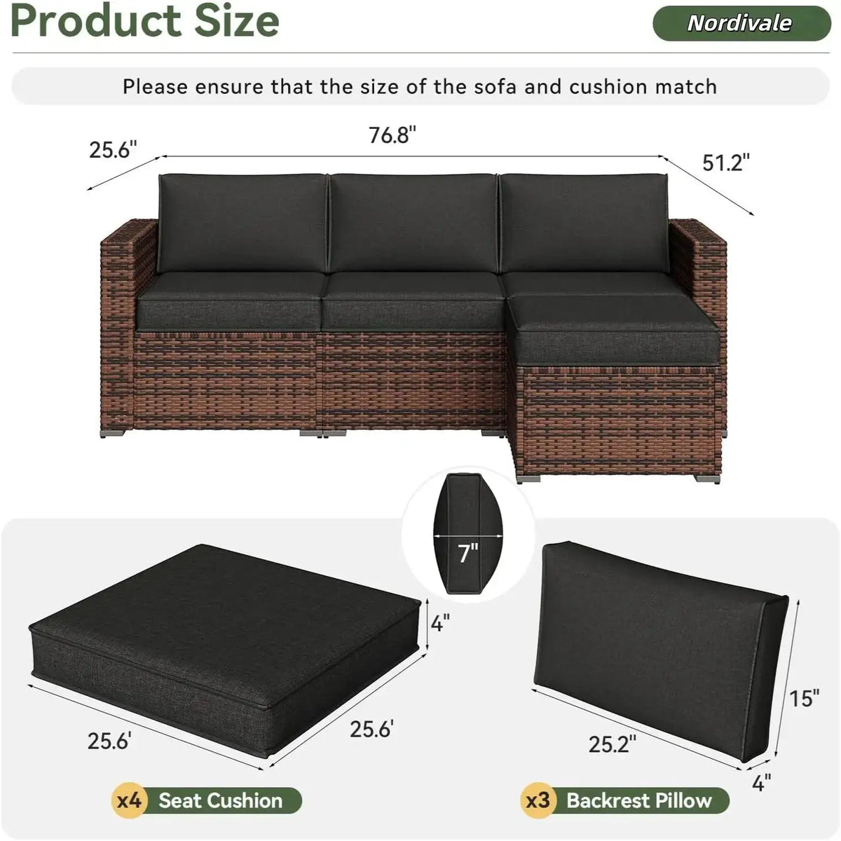 Nordivale 7 Piece Replacement Outdoor Cushions Waterproof Fade Resistant Patio Couch Cushions for 4 Seat Conversation Sets
