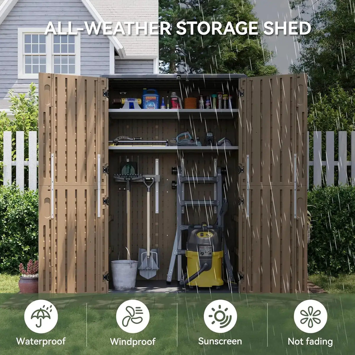 Aoxun 64 Cu Ft Resin Outdoor Storage Shed With Floor Vertical Waterproof Cabinet For Garage Pool Bike Garden Tools Patio Furniture Brown